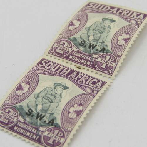 South West Africa 2d + 1d Voortrekker memorial fundstamp SACC 121b - overprint shifted to the bottom