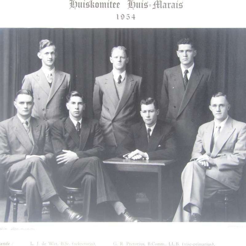 1954 Photo of House Committee of House Marais at Stellenbosch University with names