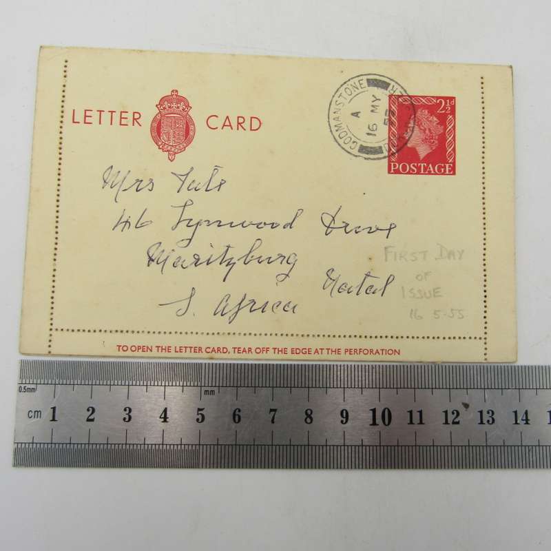 16 May 1955 letter card with 2 1/2d pre card printed postage and first day usage
