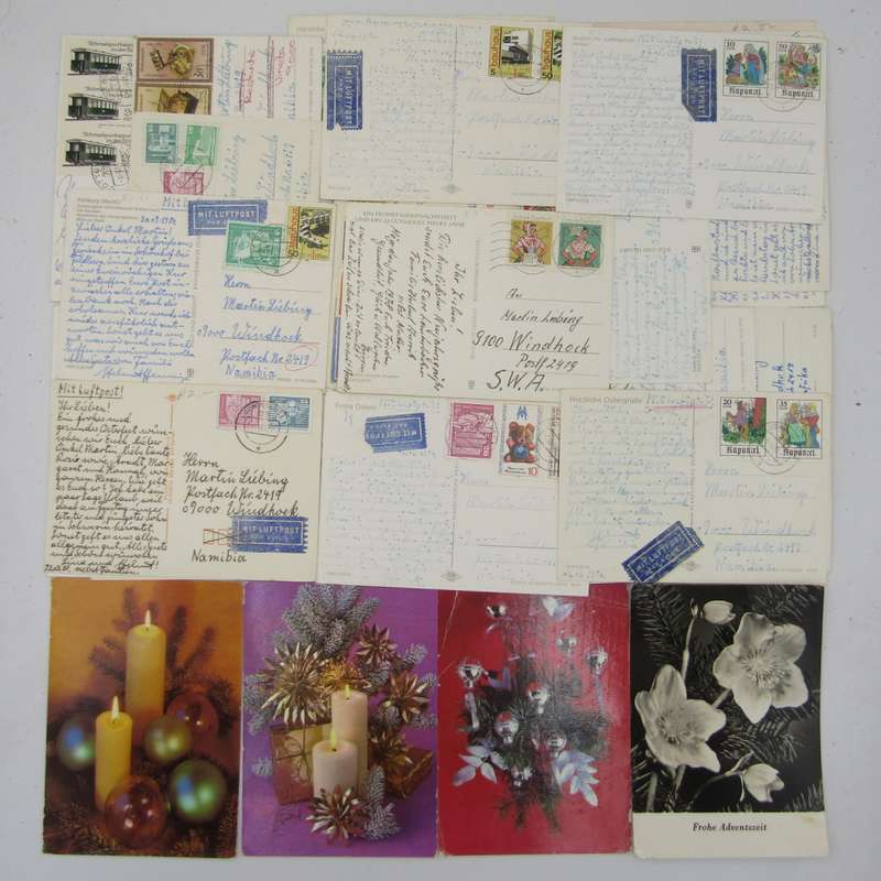 Lot of 44 Vintage postcards posted from the DDR to South West Africa / Namibia - unusual lot