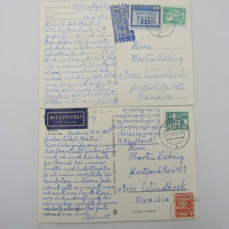Lot of 44 Vintage postcards posted from the DDR to South West Africa / Namibia - unusual lot