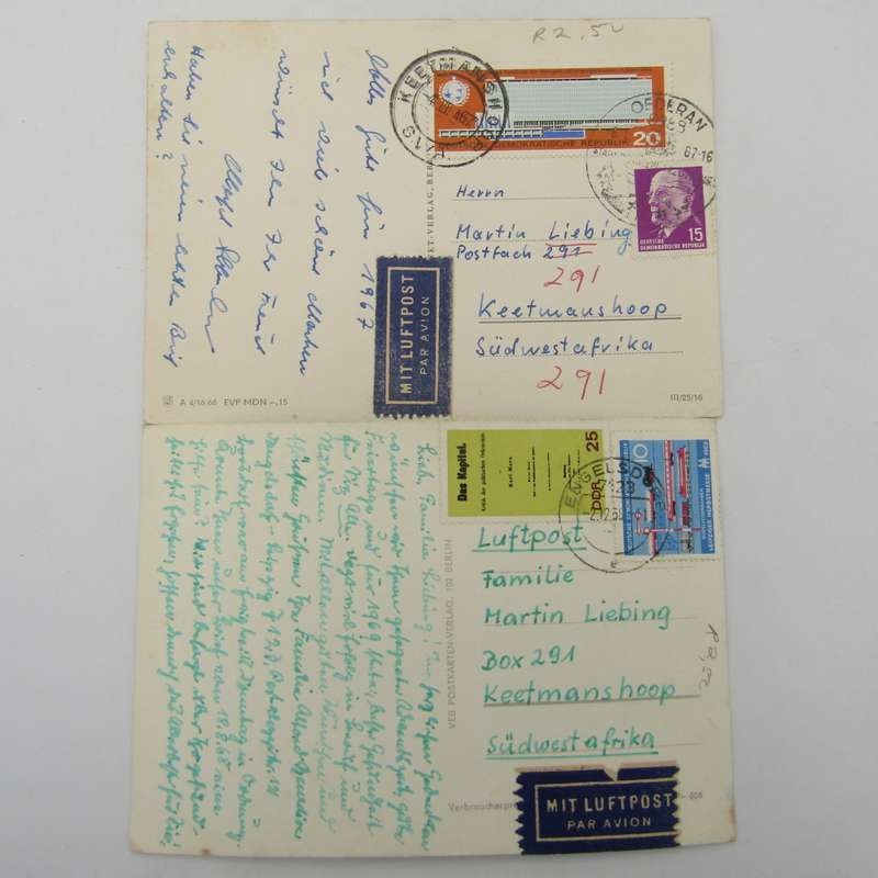 Lot of 44 Vintage postcards posted from the DDR to South West Africa / Namibia - unusual lot