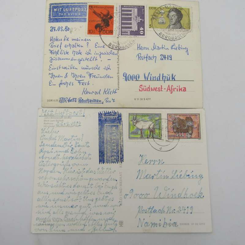 Lot of 44 Vintage postcards posted from the DDR to South West Africa / Namibia - unusual lot
