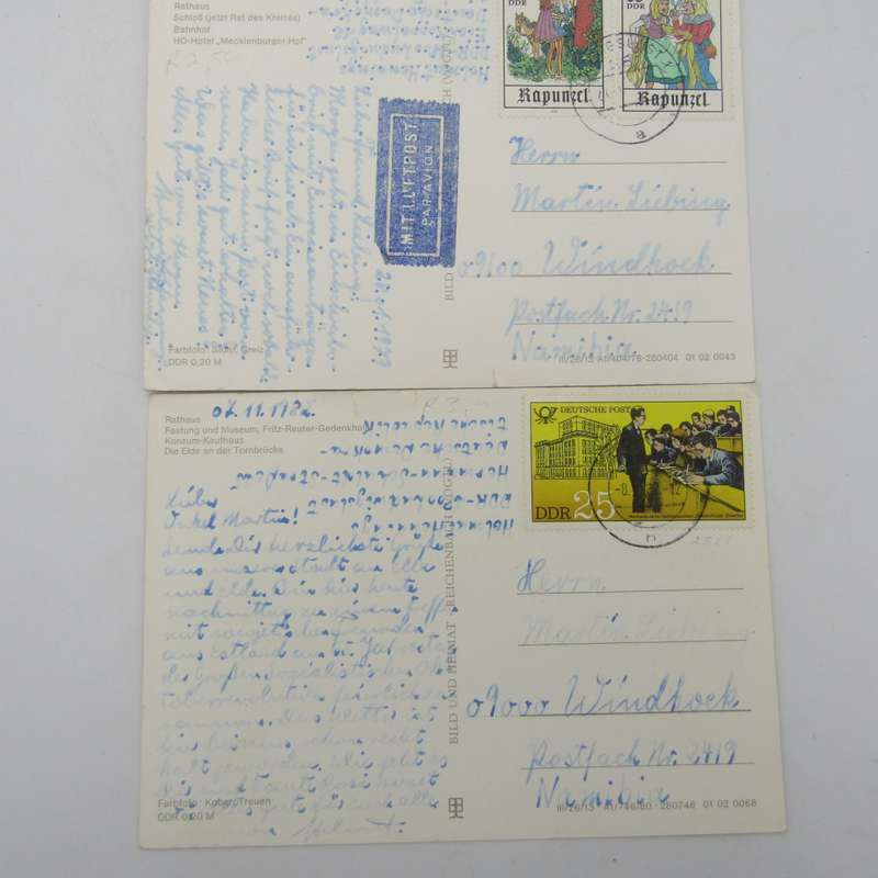 Lot of 44 Vintage postcards posted from the DDR to South West Africa / Namibia - unusual lot