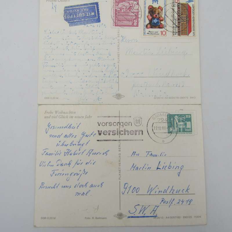 Lot of 44 Vintage postcards posted from the DDR to South West Africa / Namibia - unusual lot