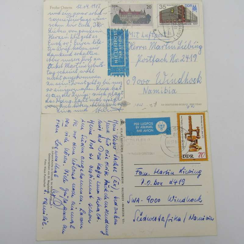 Lot of 44 Vintage postcards posted from the DDR to South West Africa / Namibia - unusual lot