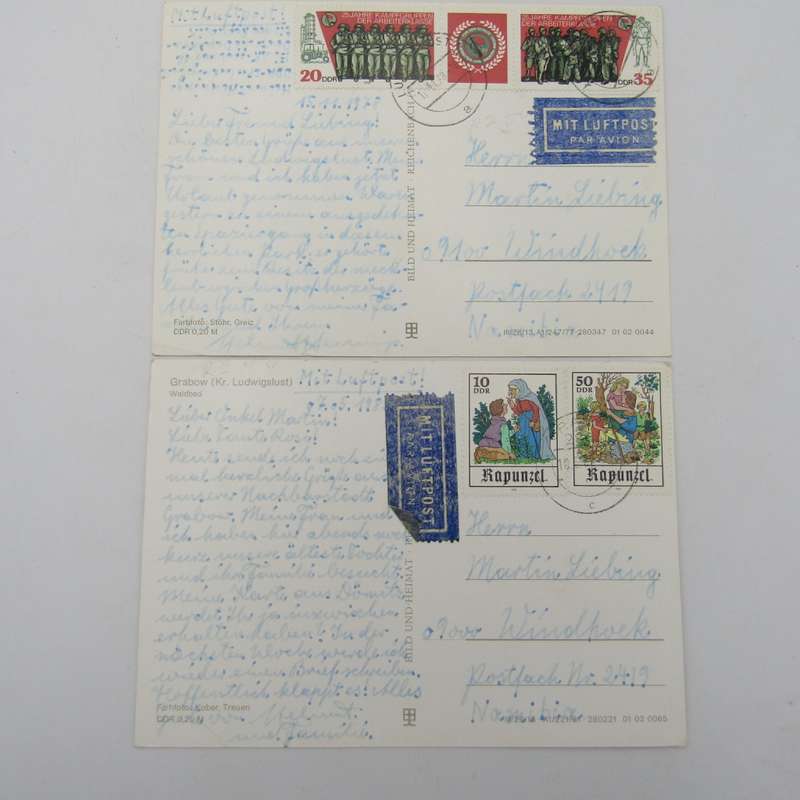 Lot of 44 Vintage postcards posted from the DDR to South West Africa / Namibia - unusual lot