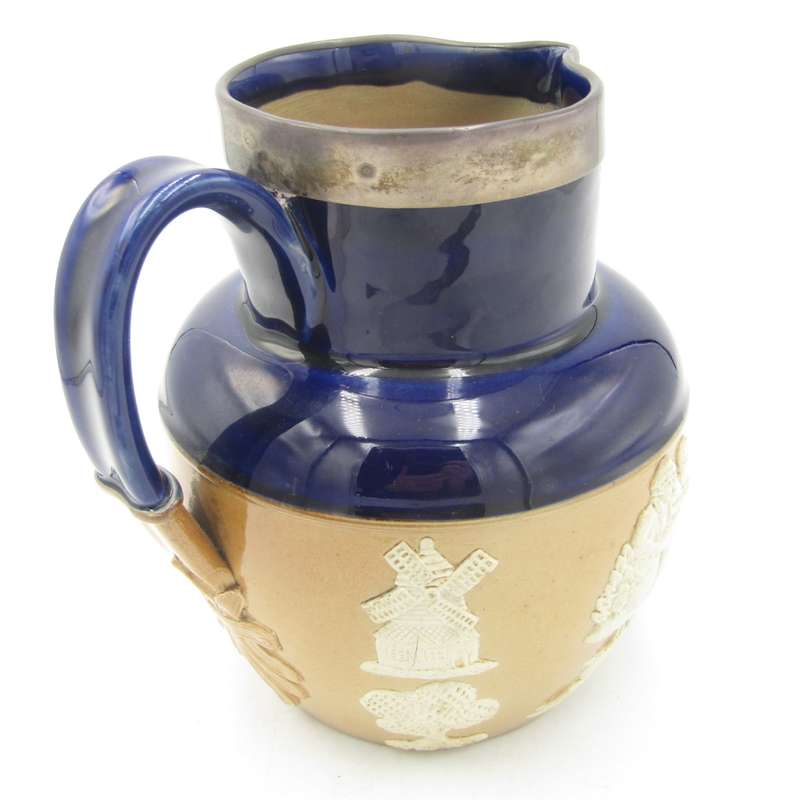 Antique Doulton Lambeth stoneware pitcher with hallmarked silver rim - hallmarked London 1898