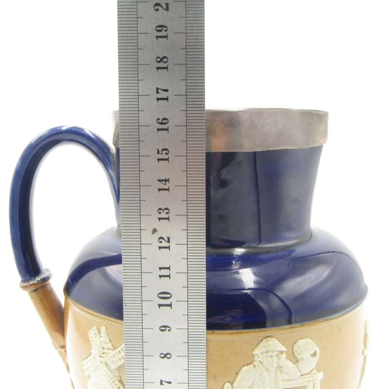 Antique Doulton Lambeth stoneware pitcher with hallmarked silver rim - hallmarked London 1898