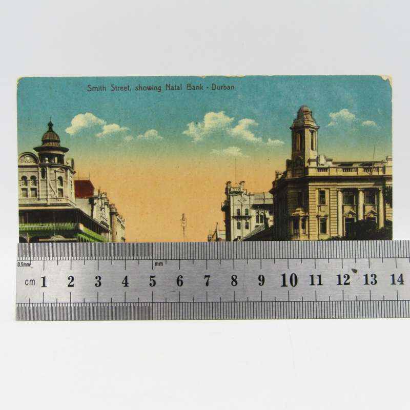 Antique color postcard of Smith Street Durban showing the Natal Bank