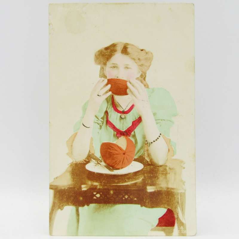 Antique colorized postcards of lady eating a melon - Addressed to Miss Doris Bain Calvinia