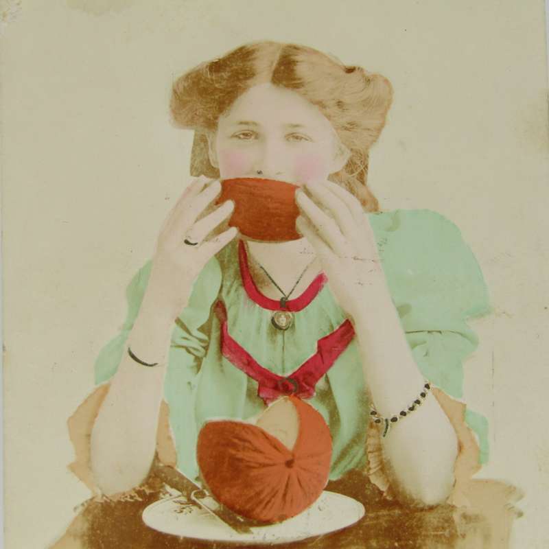 Antique colorized postcards of lady eating a melon - Addressed to Miss Doris Bain Calvinia