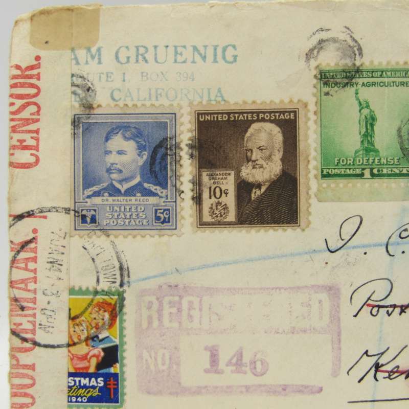 Registered letter posted from Ceres California through New York to Kenhardt