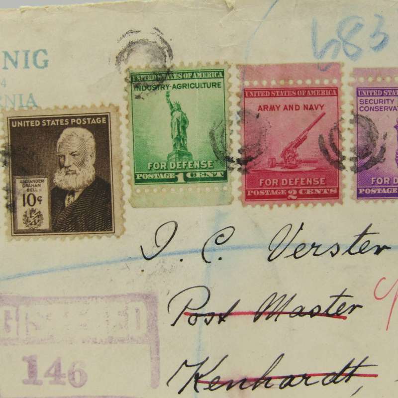 Registered letter posted from Ceres California through New York to Kenhardt