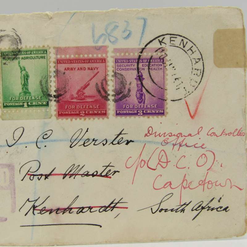 Registered letter posted from Ceres California through New York to Kenhardt