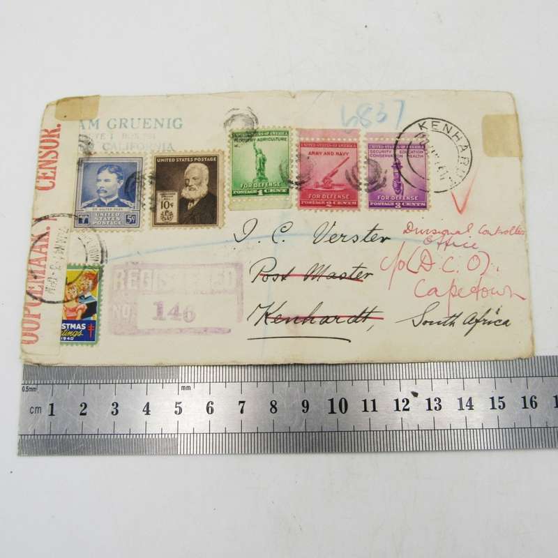 Registered letter posted from Ceres California through New York to Kenhardt
