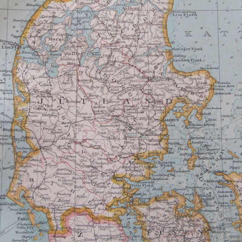 Original 1901 Map of Denmark on A3 - Scaled 1 : 1500 000