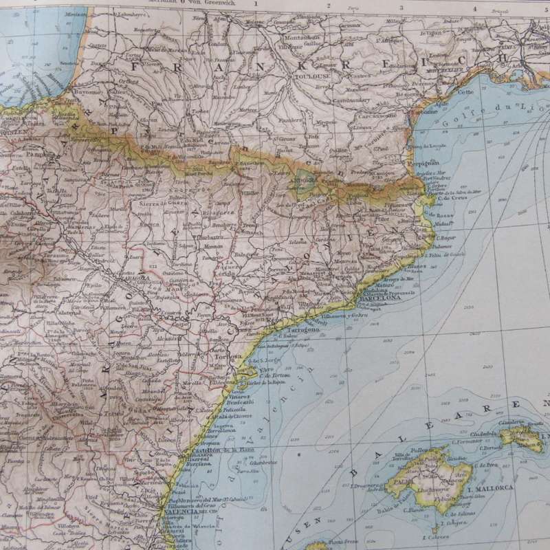 1901 Map of Spain and Portugal on A2 - Scaled 1 : 3000 000
