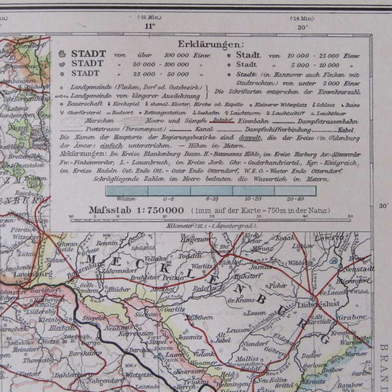 1901 Map of German States Hanover Oldenburgh, Bremen etc on A2 - Scaled 1 : 750 000