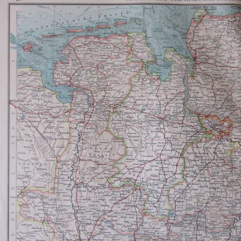 1901 Map of German States Hanover Oldenburgh, Bremen etc on A2 - Scaled 1 : 750 000