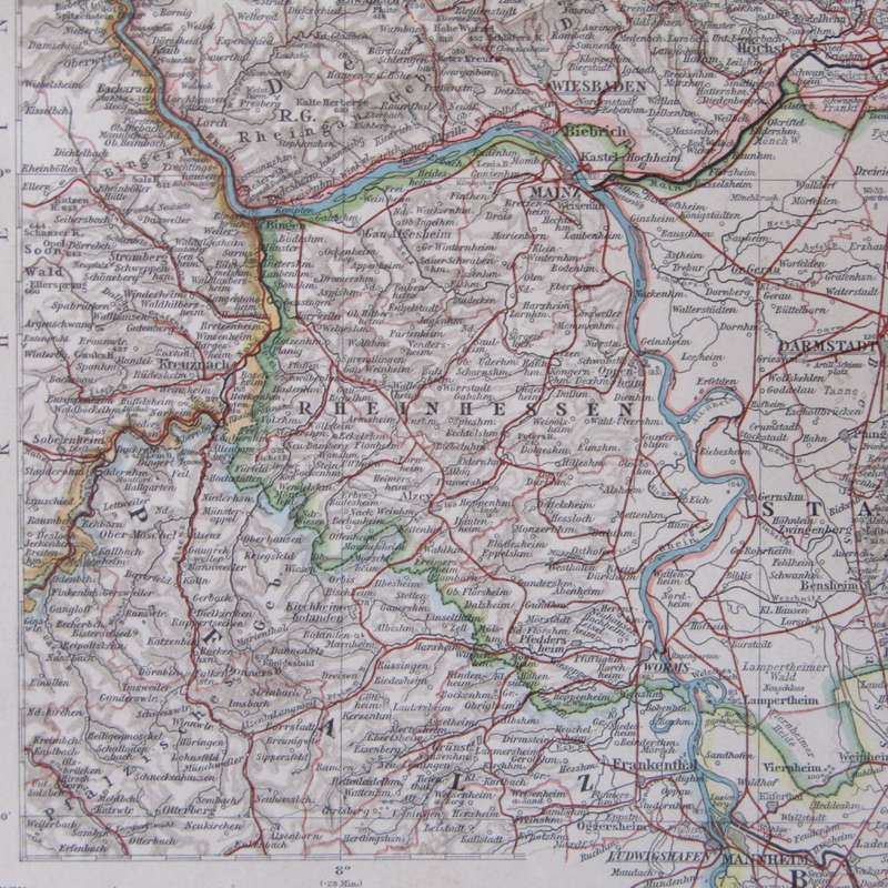 1901 Map of Germen States Hessen-Nassau, Hessen etc on A2 - Scaled 1 : 500 000