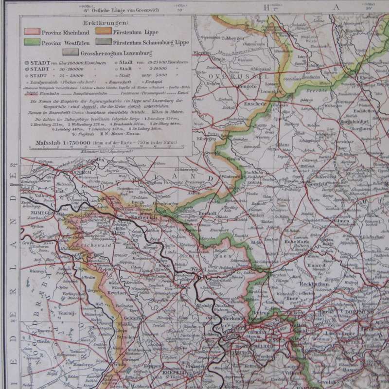 1901 Map of Rheinland, Westfalen Luxemburg etc on A2 - Scaled 1 : 750 000