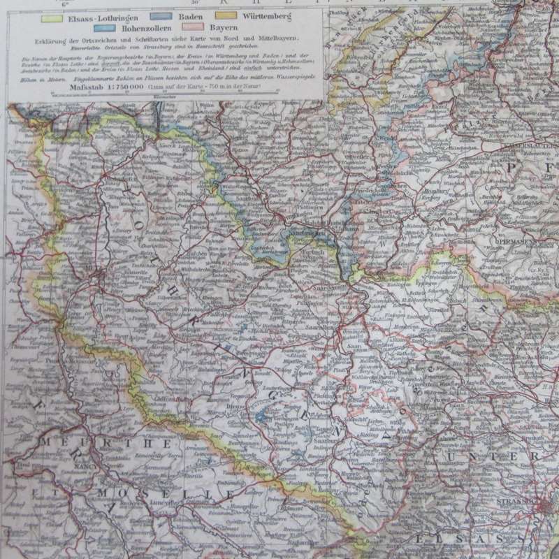1901 Map of German states Baden, Wurttemberg etc on A2 - Scaled 1 : 750 000
