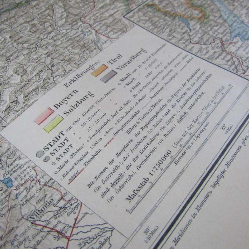 1901 Map of German States Southern Bayern, Tirol, Salzburg on A2 - Scaled 1 : 750 000