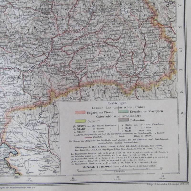 1901 Map of Poland & Ukraine area ( Ungarn & Galizien ) on A2 - Scaled 1 : 2 000 000