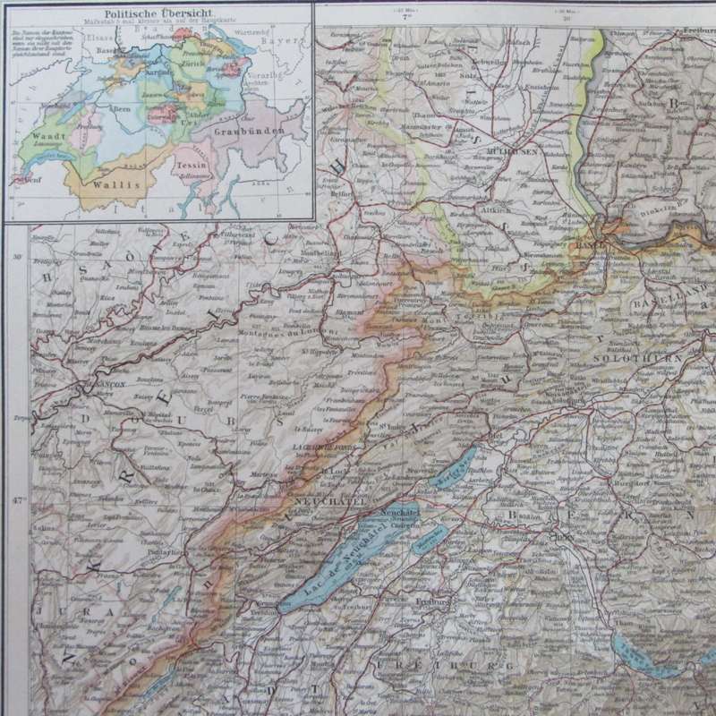 1901 Map of Switzerland and surrounds on A2 - 1 : 800 000 scale