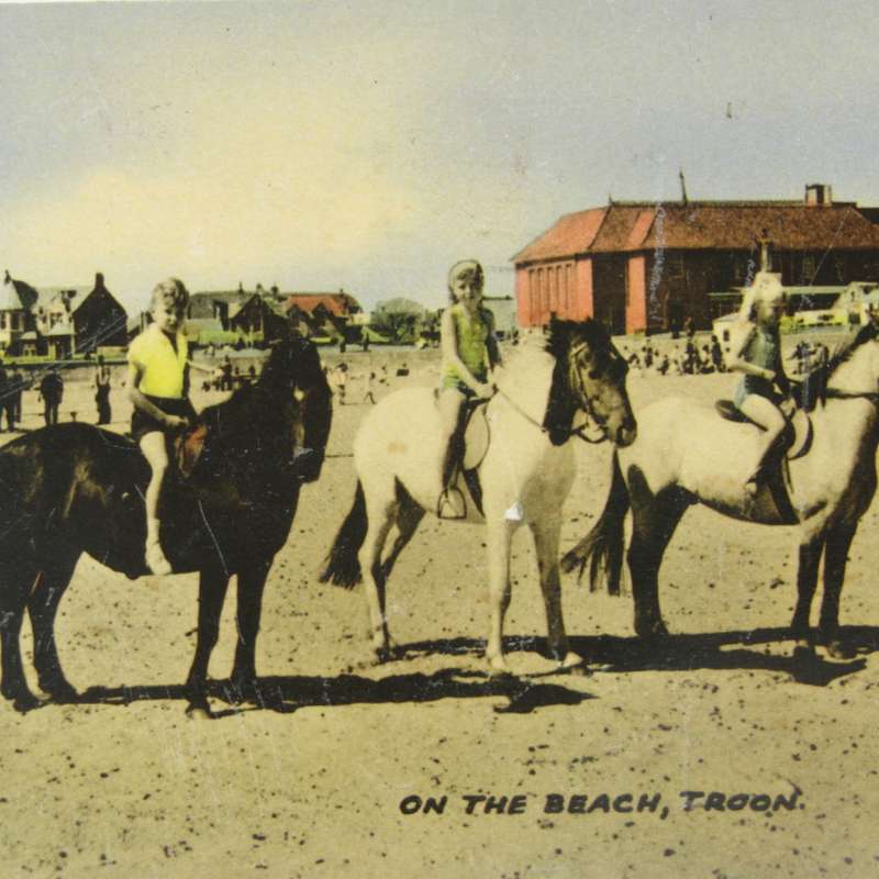 Color postcard of 3 young girls on horseback on the beach - 1953
