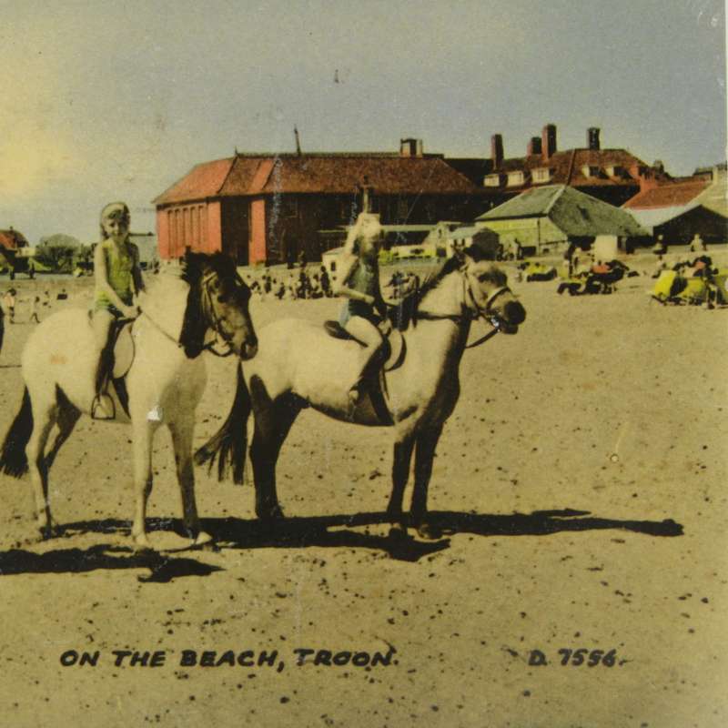 Color postcard of 3 young girls on horseback on the beach - 1953