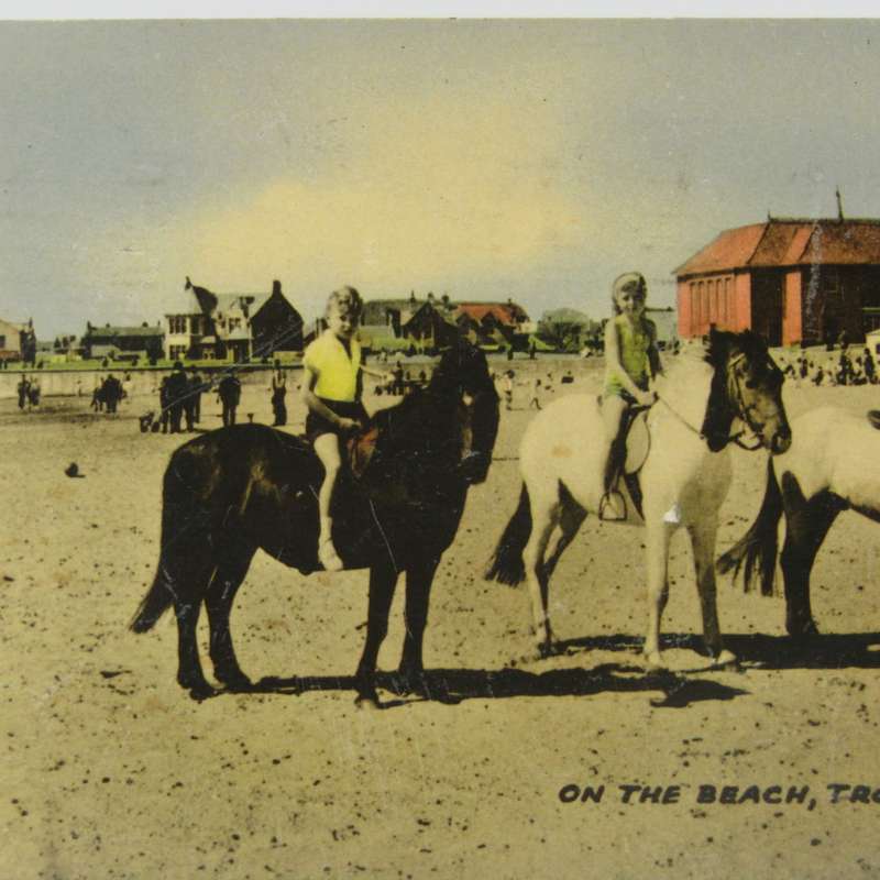 Color postcard of 3 young girls on horseback on the beach - 1953