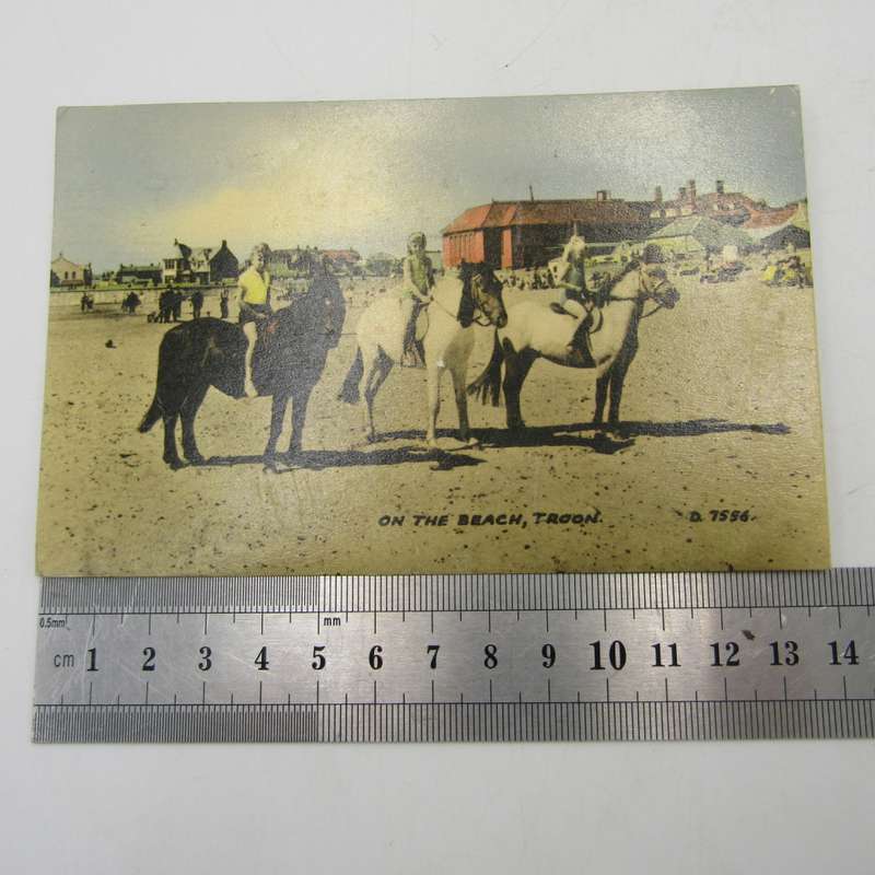 Color postcard of 3 young girls on horseback on the beach - 1953