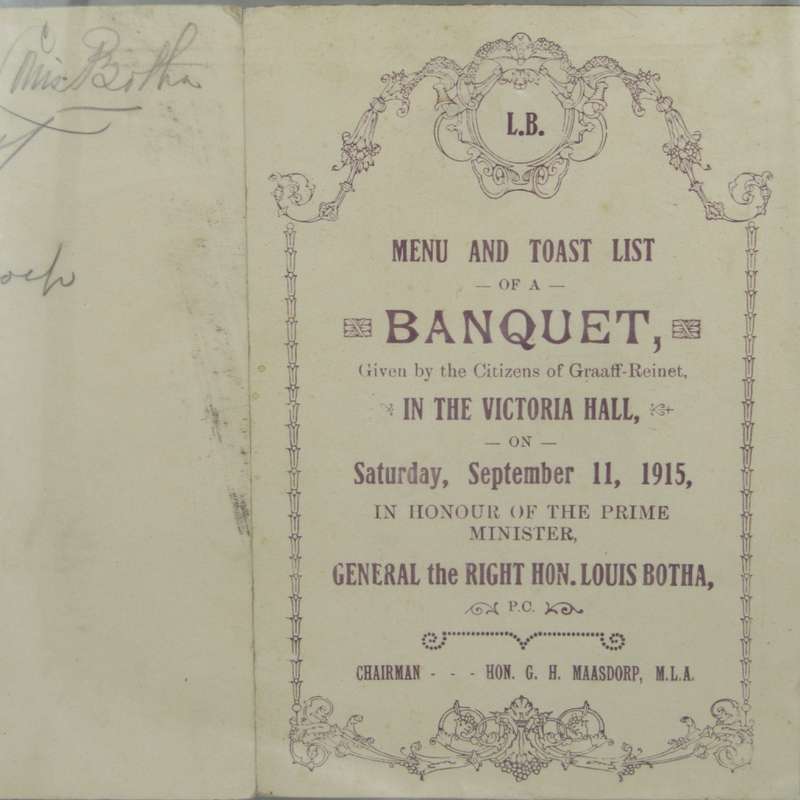 Graaff-Reinett Banquet Menu and toast list in Honour of General Louis Botha