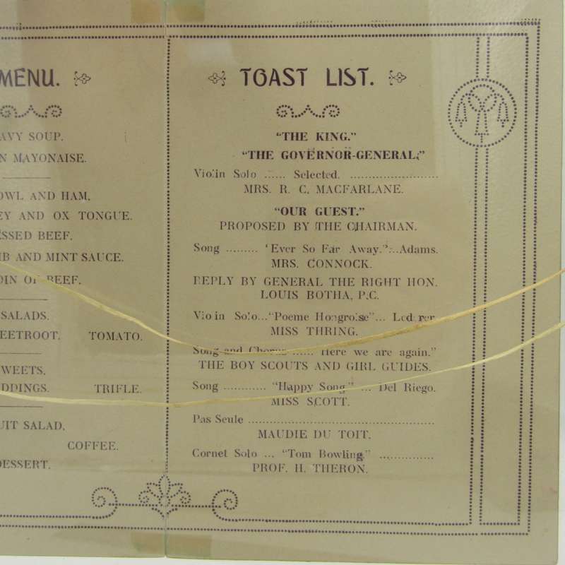 Graaff-Reinett Banquet Menu and toast list in Honour of General Louis Botha
