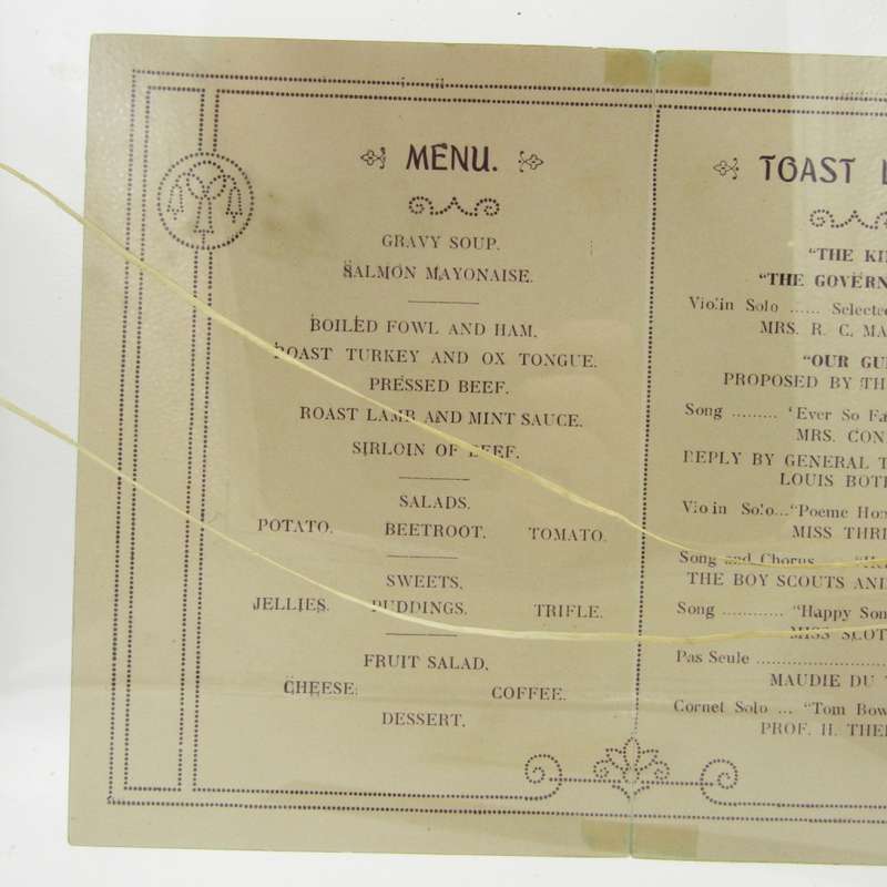 Graaff-Reinett Banquet Menu and toast list in Honour of General Louis Botha