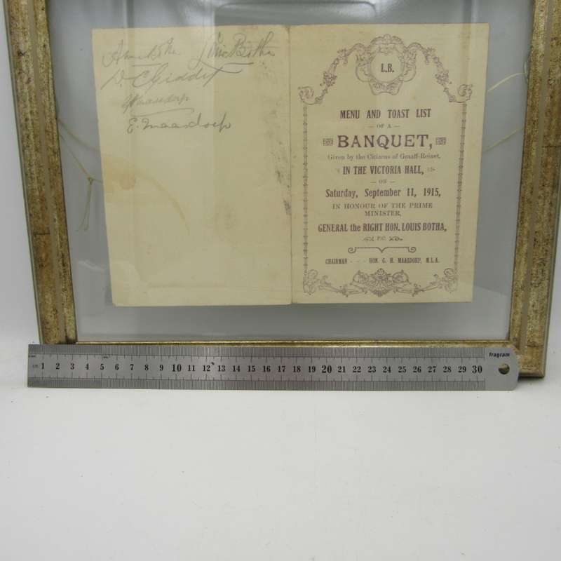 Graaff-Reinett Banquet Menu and toast list in Honour of General Louis Botha