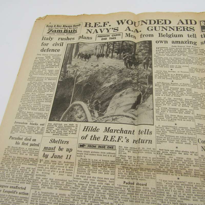 Rare Copy of the Daily Express for May 31st 1940 - This covers the retreat at Dunkirk