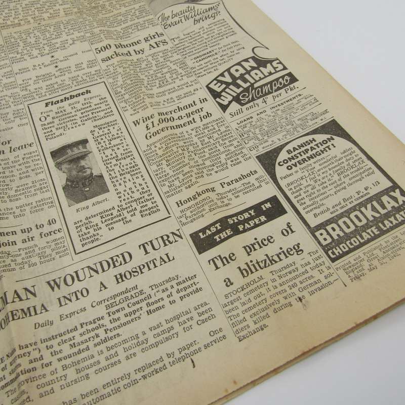 Rare Copy of the Daily Express for May 31st 1940 - This covers the retreat at Dunkirk