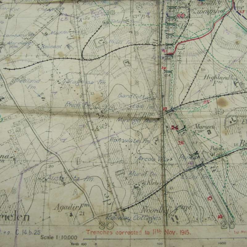 WW1 Trench Map on material - used by 42nd Infantry Brigade Feb 1916 - Boesinghe area