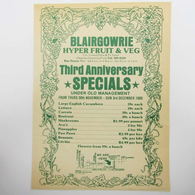 1989 Blairgowrie Randburg Hyper Fruit & Veg Advert - Flowers 99c a bunch