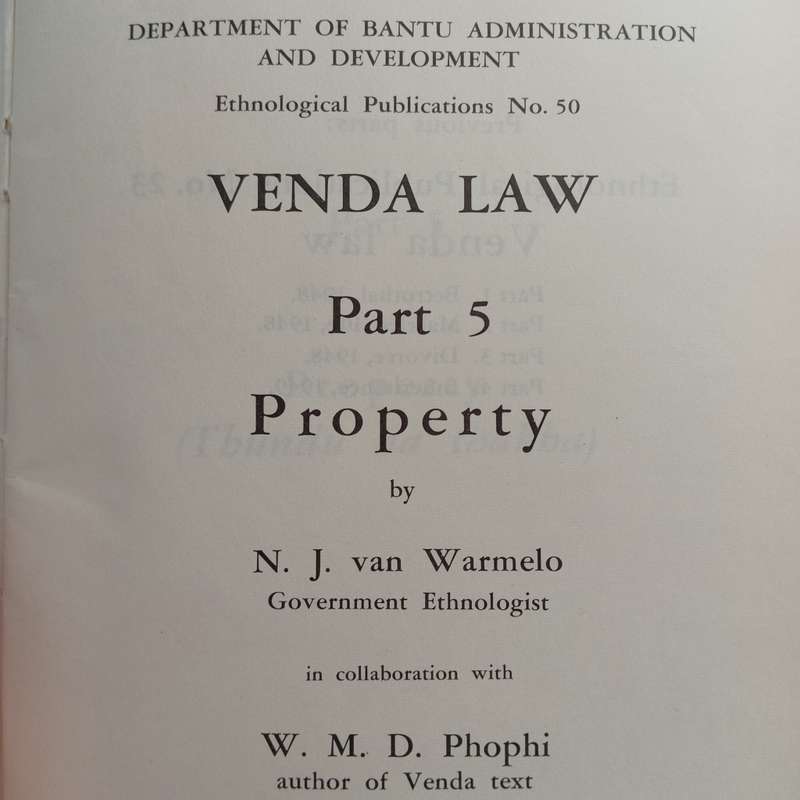 1967 Excellent condition copy of VENDA Law - Part 5 - Property - Government printed