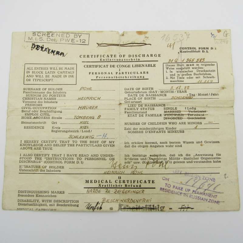 1946 Post WW2 Discharge paper - for Heinrich Pohl