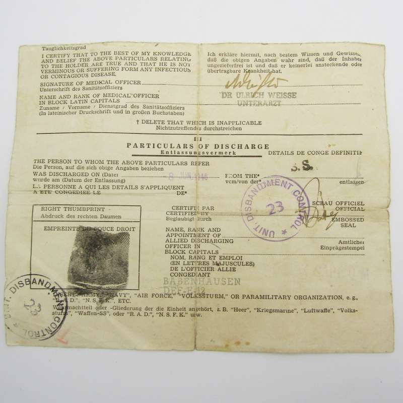 1946 Post WW2 Discharge paper - for Heinrich Pohl