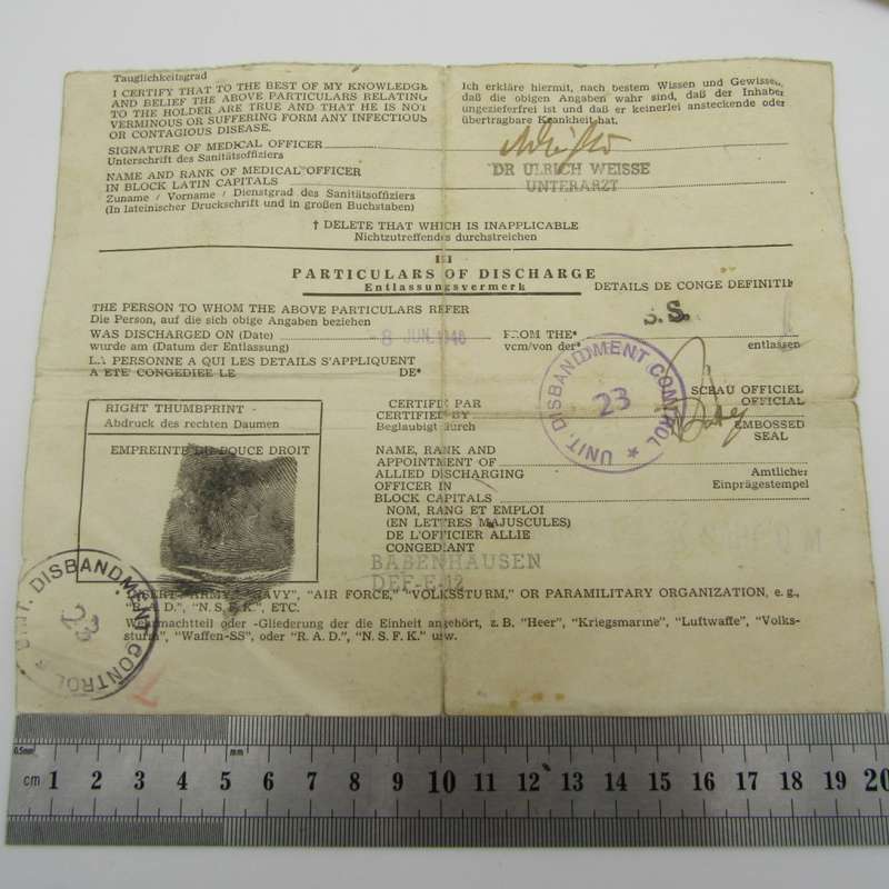 1946 Post WW2 Discharge paper - for Heinrich Pohl