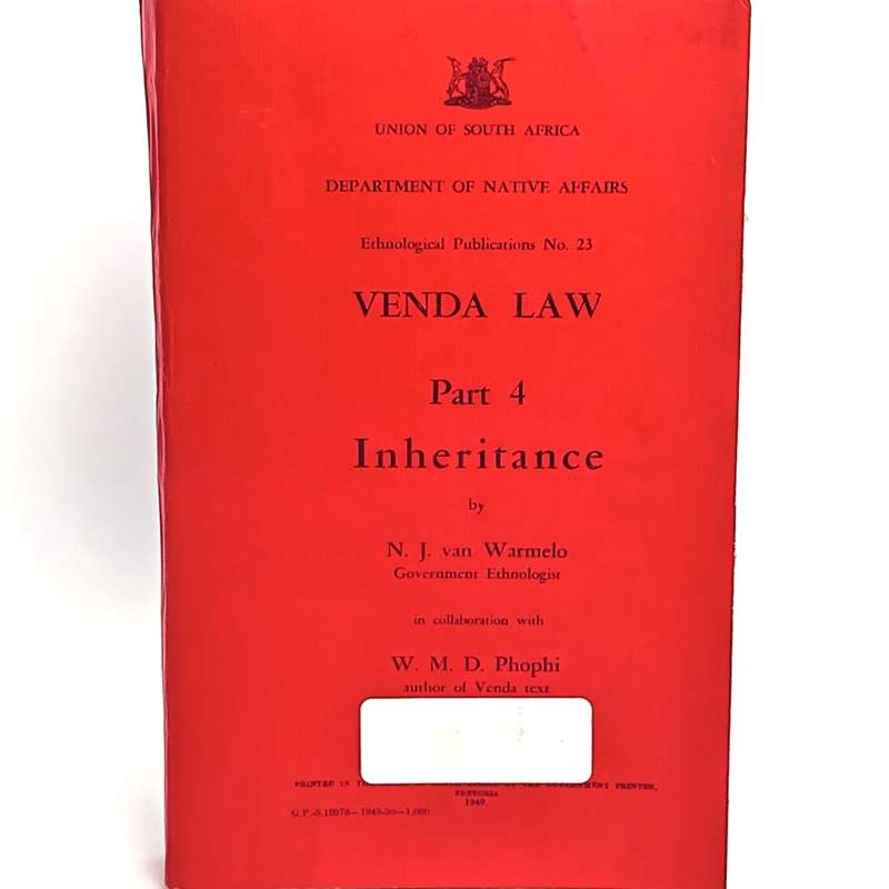 Union of South Africa Native Affairs Venda Law - Inheritance 1949 government booklet