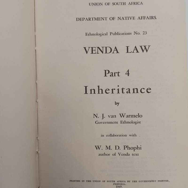 Union of South Africa Native Affairs Venda Law - Inheritance 1949 government booklet