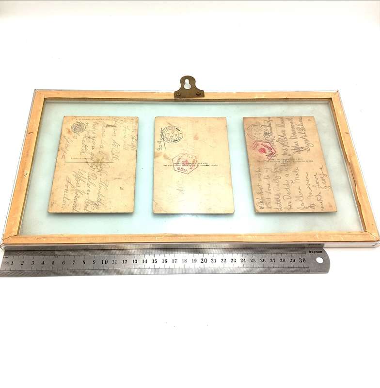 Lot of 3 x WW1 postcards in frame - 2 of them passed by censor