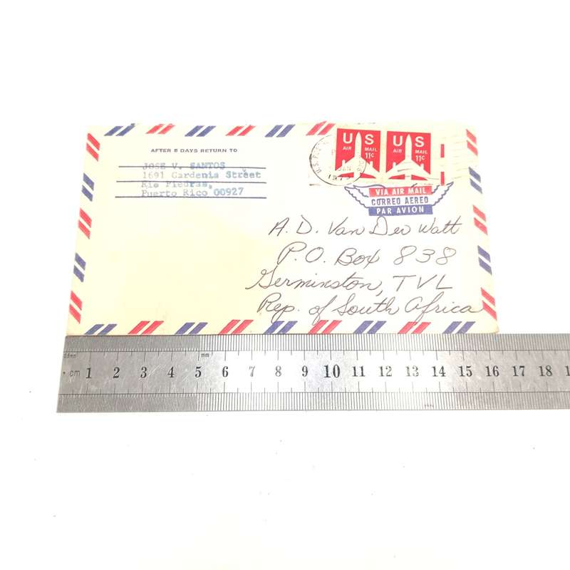 Airmail Letter sent from Puerto Rico to Germiston South Africa January 1973 with 2 US 11 cent stamps